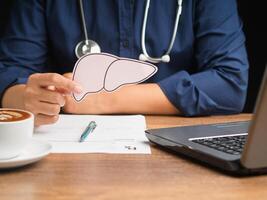 Close-up of hand doctor holding a liver shape made from pink paper while sitting in the hospital photo