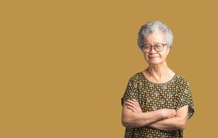 Portrait of an elderly Asian woman with short gray hair looking at the camera with a smile while standing arms crossed on a brown background photo