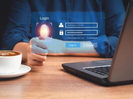 Technology fingerprint scan provides security. Cloud computing system photo