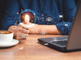 A Businessman scan fingerprint biometric identity to access personal data photo