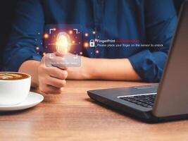Technology fingerprint scan provides security. Cloud computing system photo