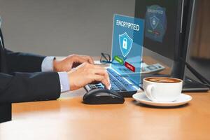 Data encryption online cyber security privacy concep. A Monitor screen is encrypted to protect data personal on the network system photo
