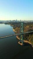Aerial view of Lions Gate Bridge and Stanley Park at dawn. Canada. video