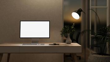 A modern, cozy office at night, featuring a computer with a white screen mockup on a table. photo