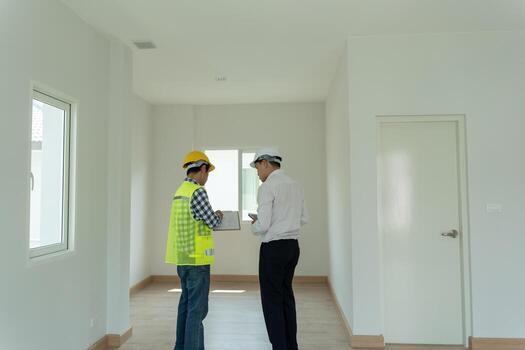 inspector engineer and owner project is inspecting construction and quality assurance new house. Engineers or architects or contactor work to build the house before handing it over to the homeowner photo