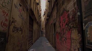 Graffiti-covered alleyway between buildings. photo