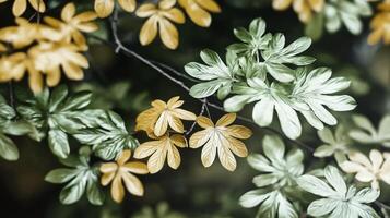 Autumn leaves in shades of gold and green photo