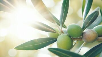 Olives on a tree with sunlight shining through photo