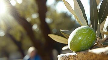 A green olive on a tree branch photo