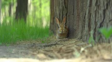 Curious rabbit peeking from forest cover photo