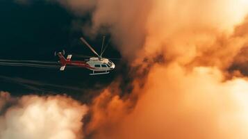 A helicopter flying through the clouds with a red and white stripe photo