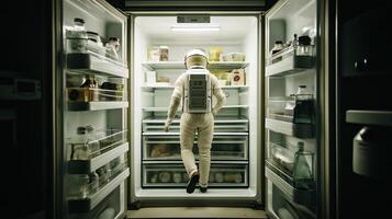 A man in a white suit standing in the open refrigerator photo
