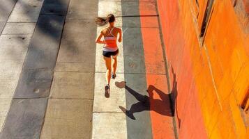 A woman running on the street in front of a building photo