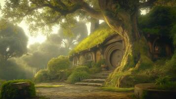 The hobbit house in the middle of a forest photo