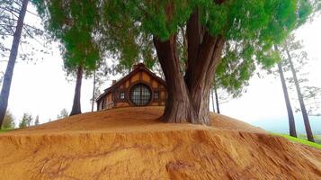 A house sitting on top of a hill in the middle of a forest photo