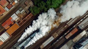 An aerial view of a train with smoke coming out of it photo