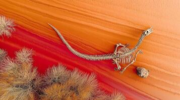 A dinosaur skeleton is on the ground in the desert photo