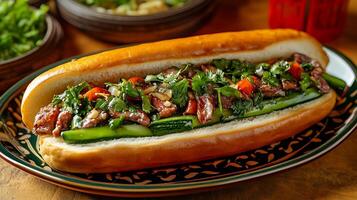 Appetizing halal sandwich featuring green vegetables and juicy meat photo