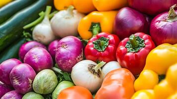 A vivid, colorful close-up shot of fresh vegetables on a rustic background photo