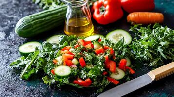 Fresh vegetable salad with olive oil dressing, surrounded by crisp greens and carrots photo