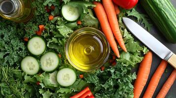 A crisp salad featuring fresh vegetables, greens, and olive oil dressing photo