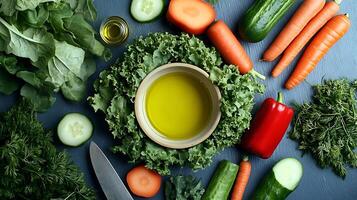 Fresh, healthy vegetable salad with a mix of greens and olive oil dressing photo