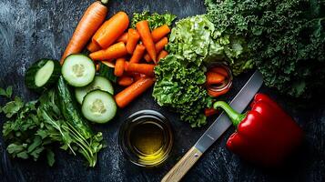 A refreshing vegetable salad featuring fresh greens, carrots, and olive oil dressing photo