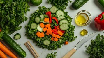 A refreshing salad featuring fresh greens, vegetables, and a light olive oil dressing photo