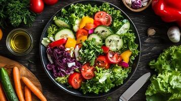 A fresh, colorful vegetable salad garnished with greens and olive oil dressing photo