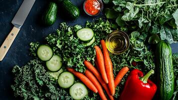 A refreshing salad with fresh greens, carrots, cucumbers, and olive oil dressing photo