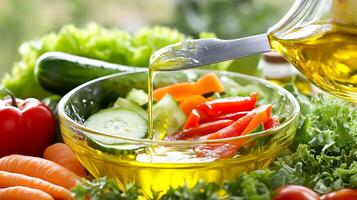 A fresh vegetable salad surrounded by leafy greens, cucumbers, and olive oil photo
