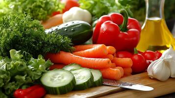 Fresh and vibrant salad made with greens, carrots, cucumbers, and olive oil photo