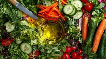 Crisp, fresh vegetables and greens tossed in olive oil for a vibrant salad photo