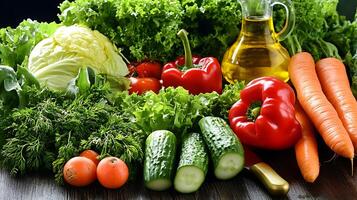A healthy, refreshing salad with fresh vegetables, greens, and olive oil dressing photo