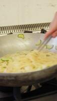 Pan With Pasta Spaghetti Zucchini And Shrimps In The Kitchen Of A Restaurant video