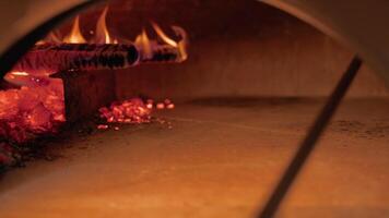 Baking Traditional Neapolitan Pizza In Wood Fired Oven With Flames video