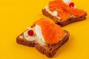 Delicious croutons with butter, salmon and cranberries on a yellow background photo