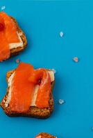 Delicious croutons with salmon and cranberries on a blue background photo