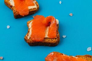Delicious croutons with salmon and cranberries on a blue background photo