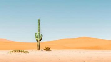 Lone Saguaro Cactus in Vast Desert Landscape under Clear Blue Sky. Concept of arid wilderness, desert solitude, natural beauty. Copy space photo