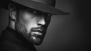 Elegant Man in Wide Brimmed Hat on Grey Background. Concept of Classic Fashion, Confidence, Timeless Elegance, Vintage Style, Masculinity. Black and White, Minimalist Style photo