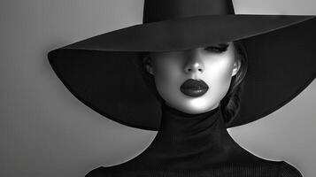 Elegant Young Woman in Wide-Brimmed Hat on Grey Background. Concept of Timeless Fashion, Chic Style, Classic Elegance. Black and White. Copy space. Copy space photo