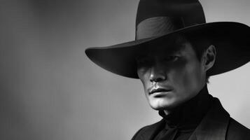 Elegant Man in Wide Brimmed Hat on Grey Background. Concept of Classic Fashion, Confidence, Timeless Elegance, Vintage Style. Black and White, Minimalist Style. Copy space photo