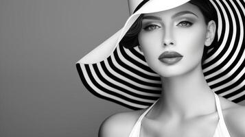 Elegant Woman in a Wide-Brimmed Hat on Grey Background. Concept of Timeless Fashion, Chic Style, Classic Elegance. Black and White. Copy space. Copy space photo