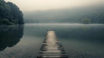 Mist-Covered Lake Surrounded by Dense Forest with Wooden Pier Extending into Tranquil Waters. Concept of Peaceful Nature, Morning Serenity, Calm Reflections photo