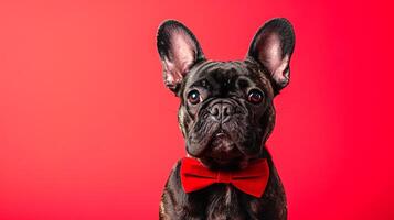 Portrait of a French Bulldog Wearing a Red Bowtie Against a Solid Red Background. Concept of canine elegance, pet fashion, cute dog, and vibrant color contrasts. Copy space photo