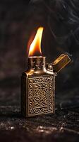 Close-Up of a Woman Lighting a Zippo Lighter on a Dark Background. Concept of Fire Ignition, Lighter Mechanics, Precision Lighting. Vertical photo