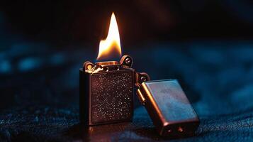 Close-up of a Sparkling Zippo Lighter with Flame Ignited in Dark Background. Concept of Darkness, Firelight, Sparkle photo