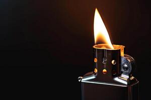 Close-Up of a Hand Lighting a Zippo Lighter Against a Black Background. Concept of Fire, Ignition, and Metal Craftsmanship. Copy space photo