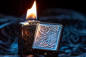 Janalyso Lighting a Zippo Close-Up on Dark Black Background. Concept of Handheld Firestarters, Vintage Collectibles, and Urban Aesthetics photo